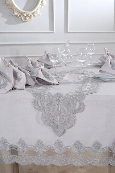 Midye Dinner/Lunch Set 18 pcs, Tablecloth 160x220, Runner 35x150, Napkins, Ring Gray