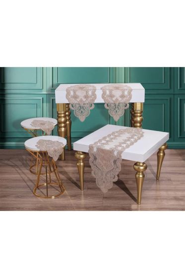Midye Velvet Runner Set 5 Pieces For Living Room, French Lace, Wedding, Home Accessories, Cappucino