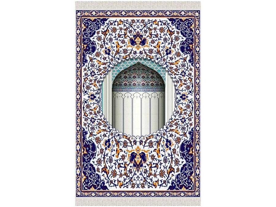 Mihrab Velvet Prayer Rug Navy Blue - Thumbnail