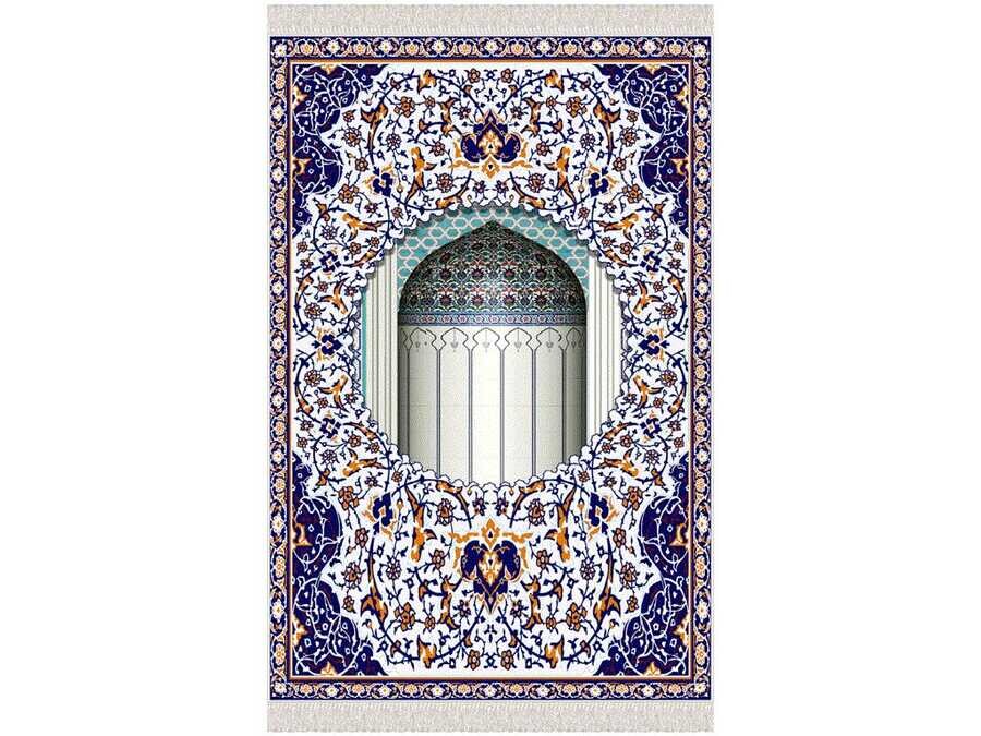 Mihrab Velvet Prayer Rug Navy Blue - Thumbnail