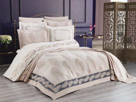 Milan Bedding Set 9pcs, Coverlet 265x265, Duvet Cover 200x220, Sheet 240x250, Pillowcase 50x70, Double Size, Cappucino