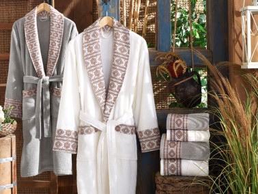 Milena Jacquard Cotton Bathrobe Set Cream Gray - Thumbnail