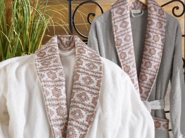 Milena Jacquard Cotton Bathrobe Set Cream Gray - Thumbnail