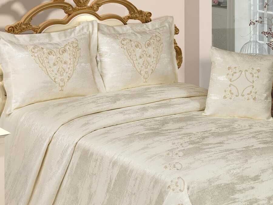  Mimoza طقم غطاء سرير مزدوج من قماش الجاكار لون كريمي
