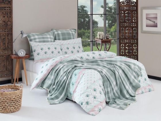 Minato Bedding Set 7 Pcs, Bedspread 200x230, Duvet Cover 200x220, Bed Sheet, Double Size, Self Patterned, Mint