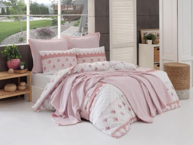 Çeyiz Diyarı - Minato Bedding Set 7 Pcs, Bedspread 200x230, Duvet Cover 200x220, Bed Sheet, Double Size, Self Patterned, Pink