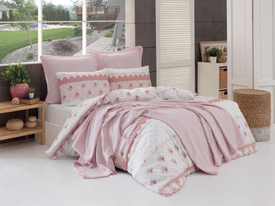 Minato Bedding Set 7 Pcs, Bedspread 200x230, Duvet Cover 200x220, Bed Sheet, Double Size, Self Patterned, Pink