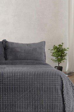 Modern Line Blanket Set 150x220 cm, Single Size, Queen Bed, Cottton/Polyester Fabric Antrachite - Thumbnail