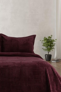 Modern Line Blanket Set 150x220 cm, Single Size, Queen Bed, Cottton/Polyester Fabric Burgundy - Thumbnail