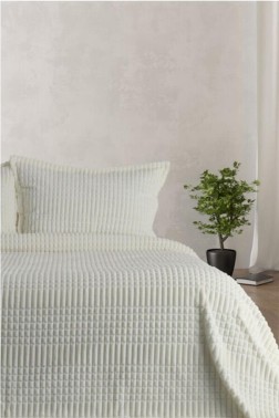 Modern Line Blanket Set 150x220 cm, Single Size, Queen Bed, Cottton/Polyester Fabric Cream - Thumbnail