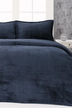 Modern Line Blanket Set 150x220 cm, Single Size, Queen Bed, Cottton/Polyester Fabric Navy Blue - Thumbnail