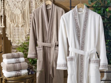 Monica Jacquard Cotton Bathrobe Set Cream Brown - Thumbnail