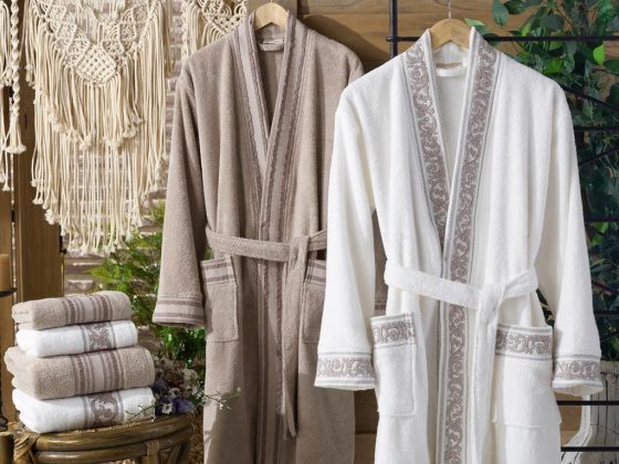 Monica Jacquard Cotton Bathrobe Set Cream Brown