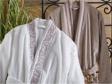 Monica Jacquard Cotton Bathrobe Set Cream Brown - Thumbnail