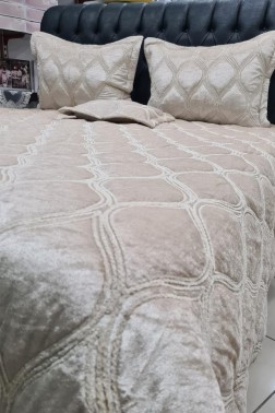 Motto Double size Bedspread Set, Coverlet 260x260 with Pillowcase Velvet Fabric, Beige - Thumbnail