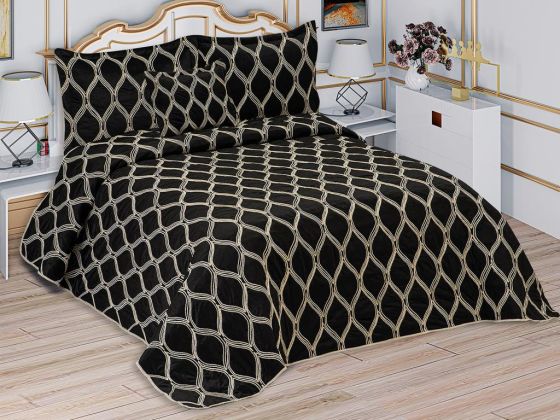 Motto Double size Bedspread Set, Coverlet 260x260 with Pillowcase Velvet Fabric, Black