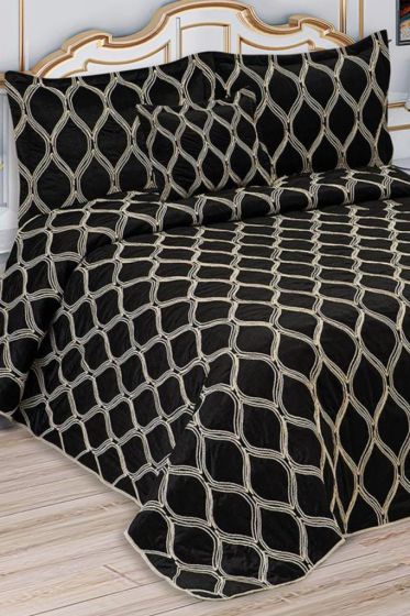 Motto Double size Bedspread Set, Coverlet 260x260 with Pillowcase Velvet Fabric, Black