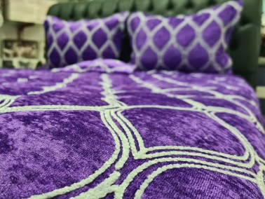 Motto Double size Bedspread Set, Coverlet 260x260 with Pillowcase Velvet Fabric, Plum - Thumbnail