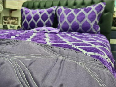 Motto Double size Bedspread Set, Coverlet 260x260 with Pillowcase Velvet Fabric, Plum - Thumbnail