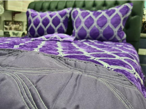 Motto Double size Bedspread Set, Coverlet 260x260 with Pillowcase Velvet Fabric, Plum