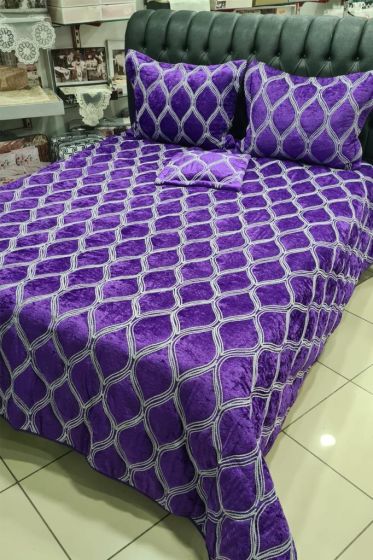 Motto Double size Bedspread Set, Coverlet 260x260 with Pillowcase Velvet Fabric, Plum