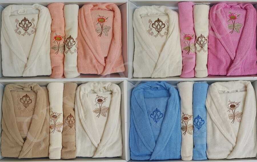 Embroidered 100% Cotton Family Bathrobe Set 6 Piece - 4 Color - Thumbnail