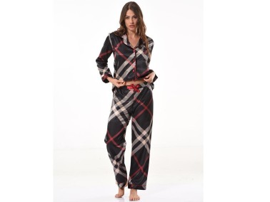 Natalie Satin Pajamas Set 5658 Black Red - Thumbnail