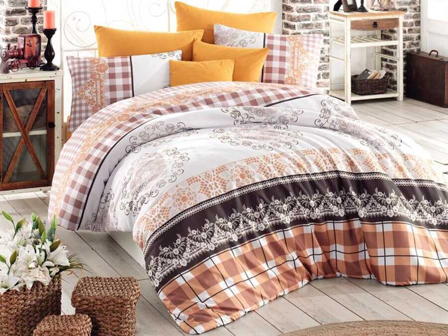  Nazenin 100% Cotton Double Duvet Cover Set Brown - Thumbnail