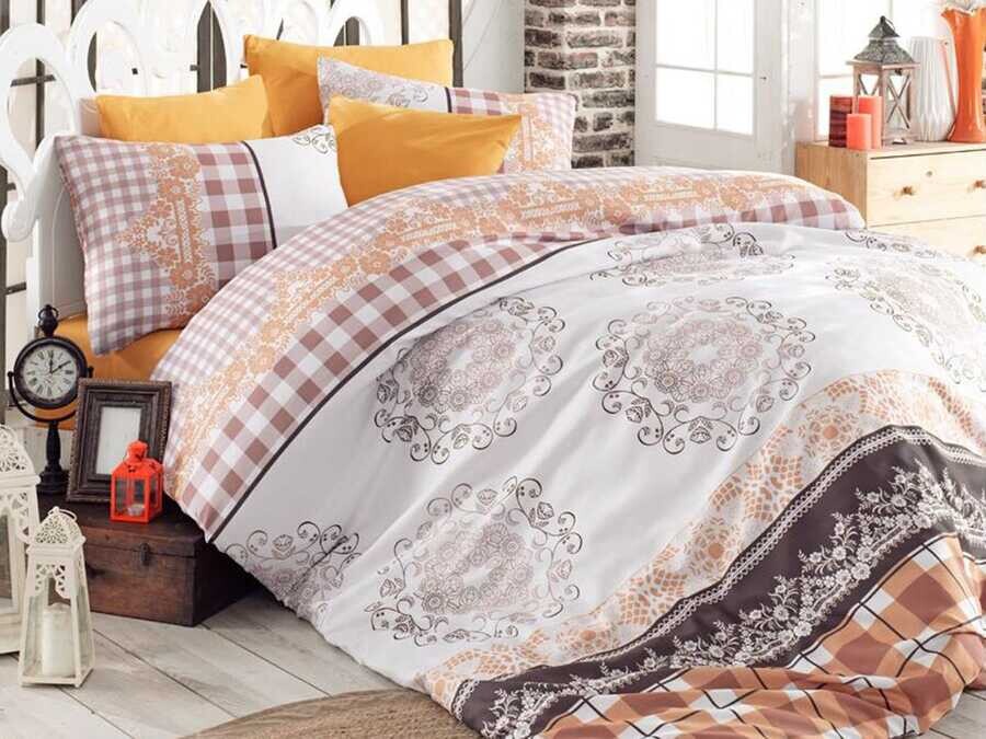  Nazenin 100% Cotton Double Duvet Cover Set Brown - Thumbnail