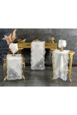 Nazli 5 Piece Living Room Set, Tablecloth, Table Runner, Coffee Table Runner, Runner Cream - Thumbnail