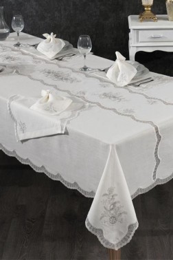 Nazli Dinner Set 25 pcs, Tablecloth Rectangle, Runner, Placemat, Cream - Thumbnail