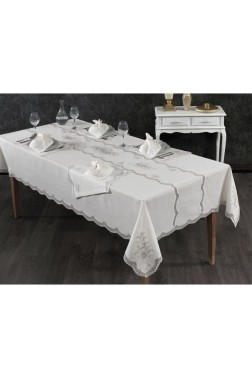 Nazli Dinner Set 25 pcs, Tablecloth Rectangle, Runner, Placemat, Cream - Thumbnail