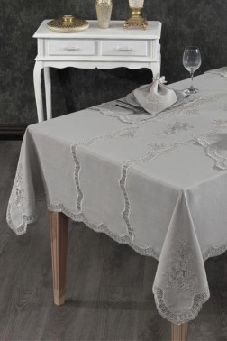 Nazli Dinner Set 25 pcs, Tablecloth Rectangle, Runner, Placemat, Gray - Thumbnail