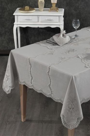 Nazli Dinner Set 25 pcs, Tablecloth Rectangle, Runner, Placemat, Gray