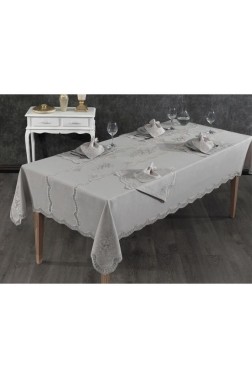 Nazli Dinner Set 25 pcs, Tablecloth Rectangle, Runner, Placemat, Gray - Thumbnail