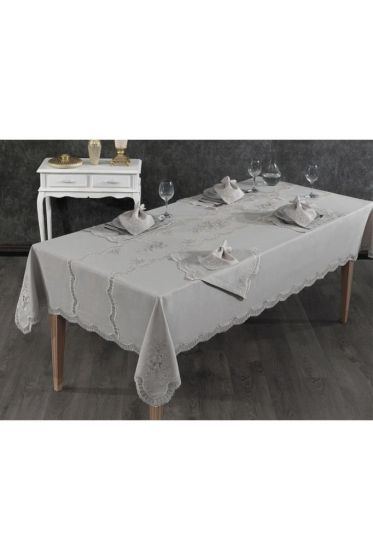 Nazli Dinner Set 25 pcs, Tablecloth Rectangle, Runner, Placemat, Gray