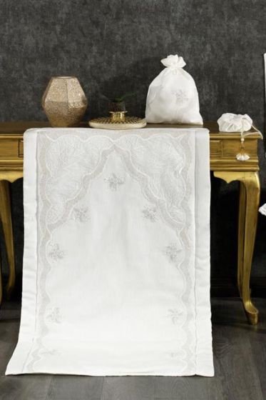 Nazli Velvet Maras Prayer Rug Set 6pcs, Rug 70x115 cm,Towel, Bundle, Cream - Cappucino