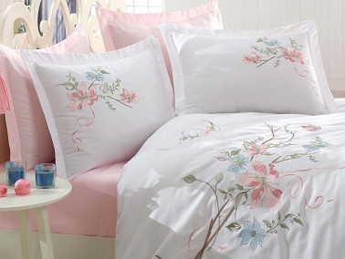 Daffodil Embroidered Cotton Satin Duvet Cover Set White - Thumbnail