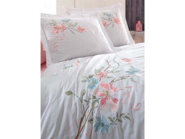 Daffodil Embroidered Cotton Satin Duvet Cover Set Cream Powder - Thumbnail