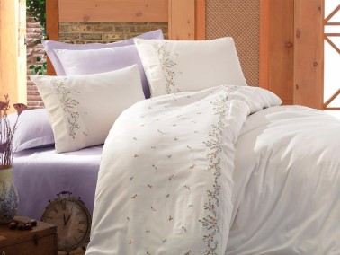 Nile Embroidered Cotton Satin Duvet Cover Set Cream Plum - Thumbnail