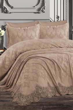 Nilufer Bedding Set, Bedspread 230x240, Sheet 230x240, Chenille Fabric, Full Size, Full Bed, Cappucino - Thumbnail