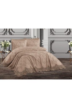 Nilufer Bedding Set, Bedspread 230x240, Sheet 230x240, Chenille Fabric, Full Size, Full Bed, Cappucino - Thumbnail