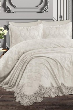 Nilufer Bedding Set, Bedspread 230x240, Sheet 230x240, Chenille Fabric, Full Size, Full Bed, Cream - Thumbnail