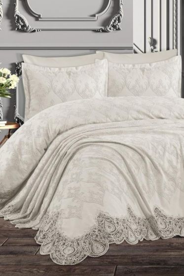 Nilufer Bedding Set, Bedspread 230x240, Sheet 230x240, Chenille Fabric, Full Size, Full Bed, Cream