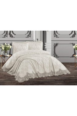 Nilufer Bedding Set, Bedspread 230x240, Sheet 230x240, Chenille Fabric, Full Size, Full Bed, Cream - Thumbnail