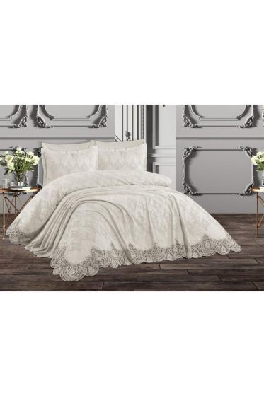 Nilufer Bedding Set, Bedspread 230x240, Sheet 230x240, Chenille Fabric, Full Size, Full Bed, Cream