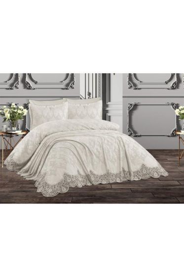 Nilufer Bedding Set, Bedspread 230x240, Sheet 230x240, Chenille Fabric, Full Size, Full Bed, Cream