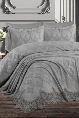 Nilufer Bedding Set, Bedspread 230x240, Sheet 230x240, Chenille Fabric, Full Size, Full Bed, Gray - Thumbnail