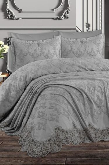 Nilufer Bedding Set, Bedspread 230x240, Sheet 230x240, Chenille Fabric, Full Size, Full Bed, Gray