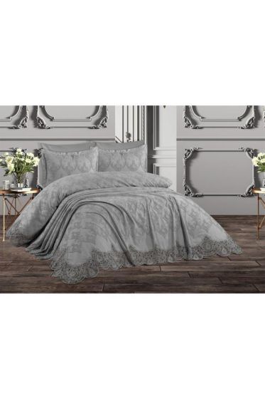 Nilufer Bedding Set, Bedspread 230x240, Sheet 230x240, Chenille Fabric, Full Size, Full Bed, Gray